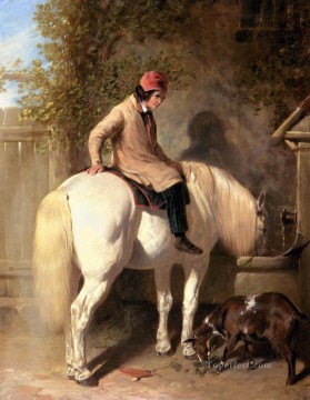 John Frederick Herring Sr Painting - Refreshment A Boy Watering His Grey Pony Herring Snr John Frederick horse